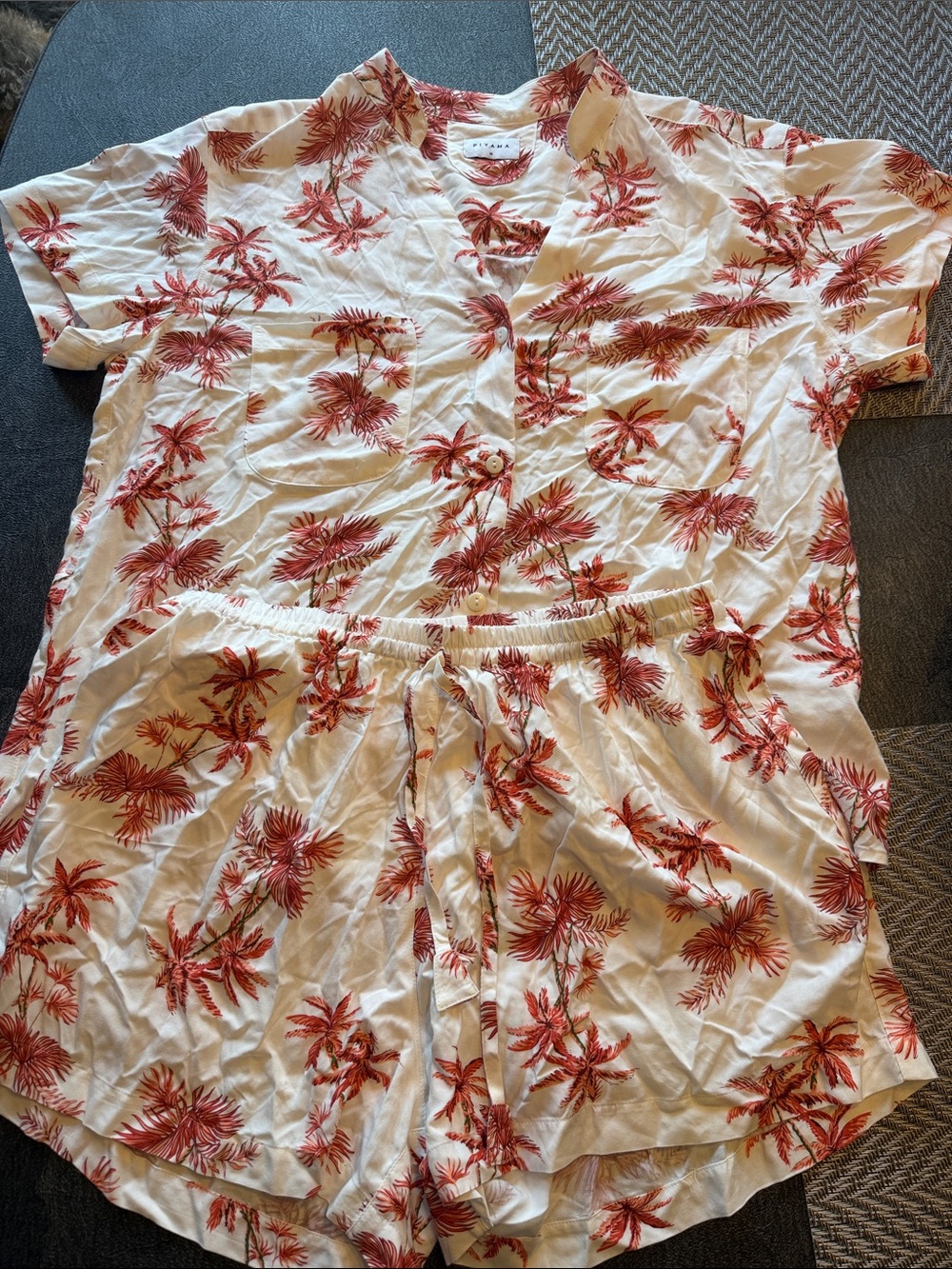 PIYAMA Tropical Palm Print Short Pajama Set in Cream & Rust